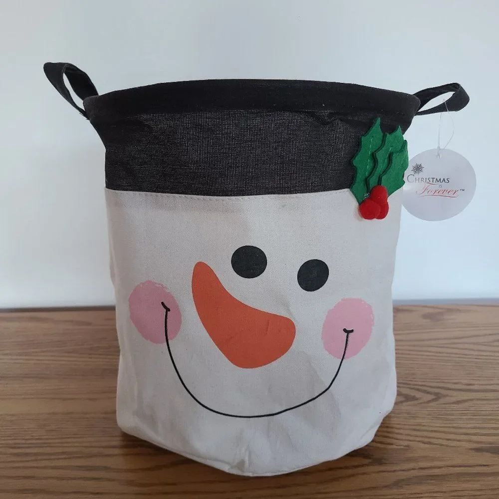 Christmas is Forever Canvas Snowman Tote Gift Basket Item 72776C Two Handles NWT